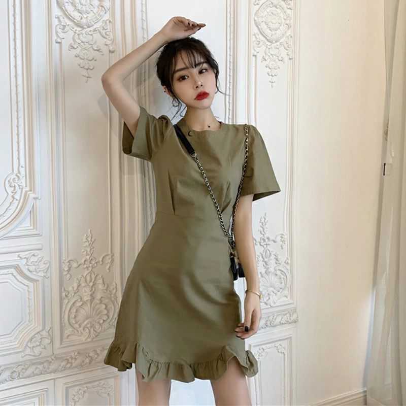 

2019 Summer New Retro High Waist Slim Slimming Dress Solid Color Round Neck Dress Dress Fashion Comfortable Dress Hh287