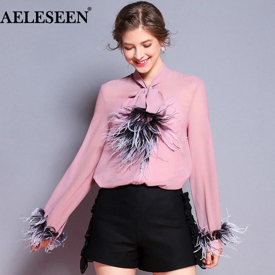 

AELESEEN Fashion Office Blouses Autumn 2018 Elegant Carrer New Bow Feather With Lining Long Sleeve Luxury Shirt Women