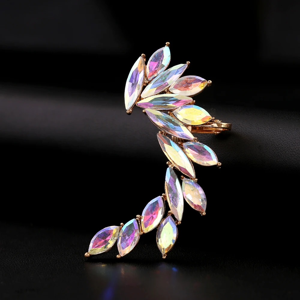 Модные радужные кристаллы кафф в виде крыла стразы женские пирсинг ювелирные изделия серьги вечерние подарки полные серьги-клипсы с цирконом