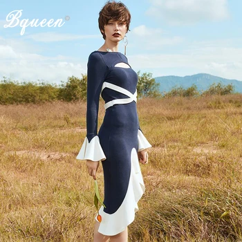 

Bqueen Mermaid Sexy O Neck Full Sleeve Knee Length Autumn Women Lady Bandage Dress Vestidos 2019 New