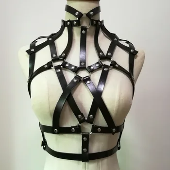 

Women Punk Harness Handmade Leather sexy Body Bondage Goth Cage Waist Belt chest belt sexy Bra Push up Metal O-round
