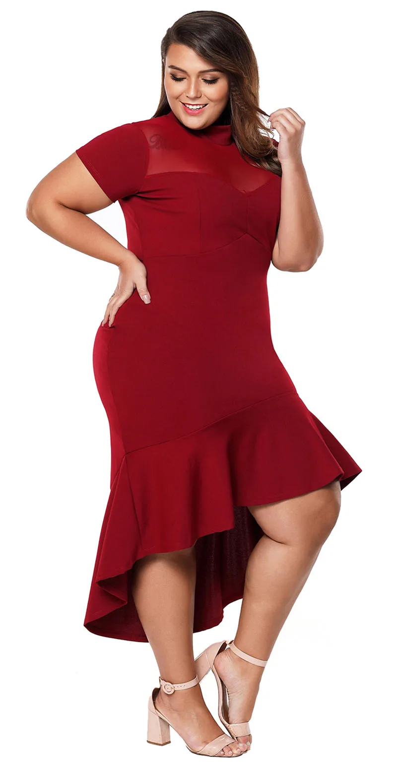 Burgundy-Mesh-Insert-Ruffled-Hi-low-Hem-Curvy-Dress-LC61661-3-7
