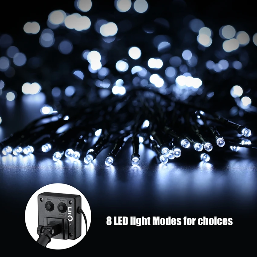 

Litom IP44 aterproof Solar Outdoor 200 LED String Lights Decorative Light with 8 Working Modes for Garden Party Decorations