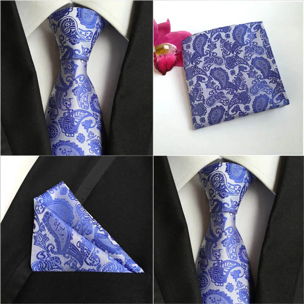 Мужской Пейсли Цветочный ярко-синий шелк галстук карман квадратный носовой платок Набор Лот HZTIE0070