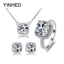 YINHED 925 пробы серебряные Свадебные Ювелирные наборы Одежда высшего качества AAA+ 4ct CZ Diamant свадебные серьги-гвоздики кольцо для серьг и ожерелья наборы ZSH008