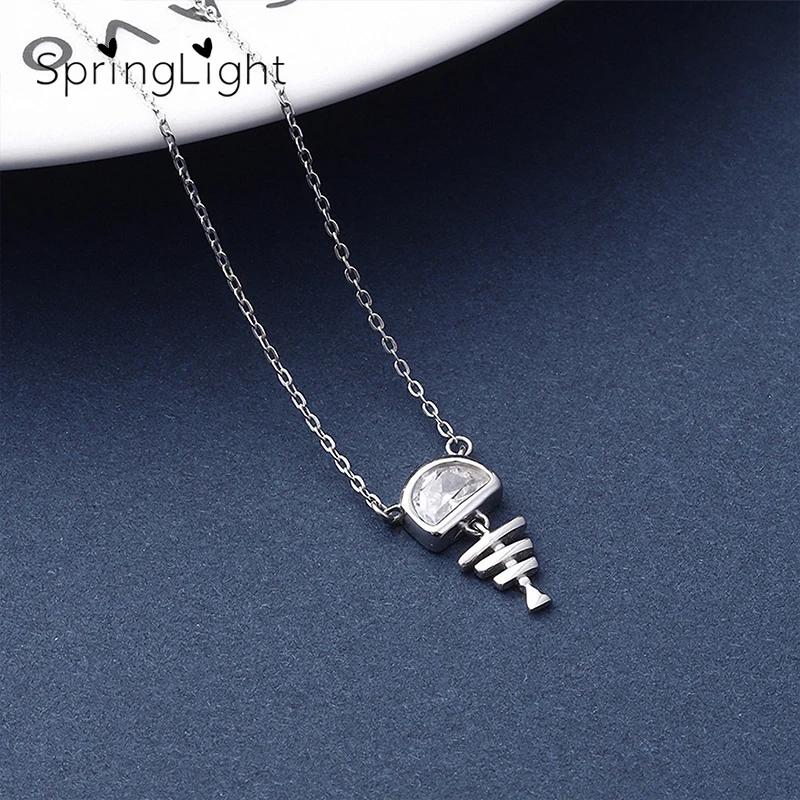 SpringLight Cute Fish Bone Pendant Real 925 Sterling Silver Handmade Design Fine Jewelry Simple Animal Necklace for Women Gift | Украшения
