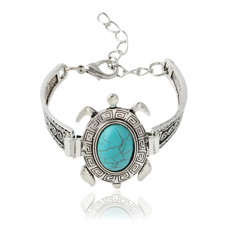 

F&U Antique Silver Color Turtle Stone Adjustable Size Chain Bracelet Bangle for Girls Gift Bijoux