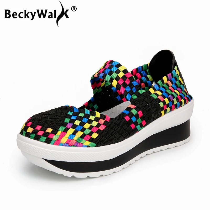 BeckyWalk/ручной работы женские босоножки Летняя женская обувь с плоской подошвой танкетке Повседневная прогулочная обувь для дам свободного покроя WSH2918