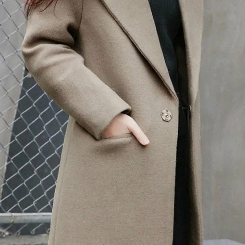 Женское осенне-зимнее шерстяное и смесовое длинное пальто с длинным рукавом и отложным воротником, с карманами на одной пуговице, Женская Повседневная тонкая верхняя одежда