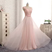 2016 günstige Lange Spitze Rosa Perlen Prom Kleider V-ausschnitt Tüll Sheer Neck-formale Abendgesellschaft Kleider Vestido De Festa