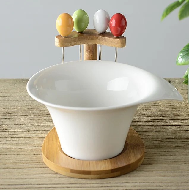 Buy Irregular Ceramics Salad Bowl with Bamboo Stand