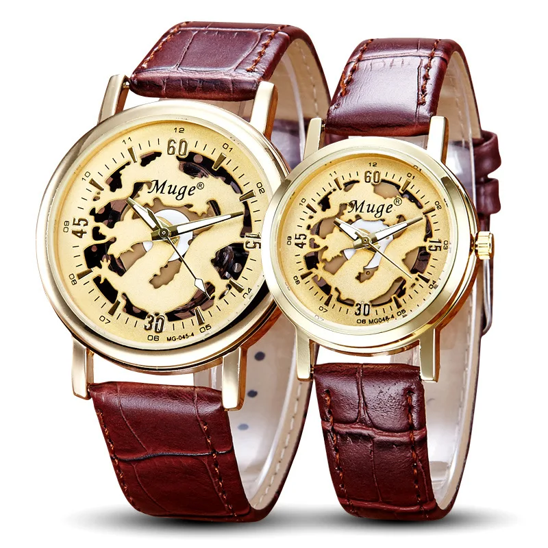 Chiński Smok Szkielet Projekt Przezroczysty Case Złoty Zegarek Męskie Zegarki Skórzany Pasek Męski Zegarek zakochanej Watch