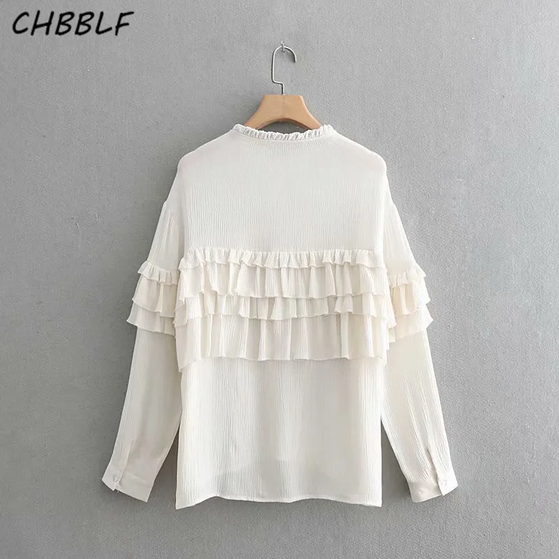 CHBBLF النساء تكدرت ربطة القوس فيونكة طوق بلوزة كم طويل لطيف الإناث عارضة قميص فراشة كم شيك قمم blusas XDN8717