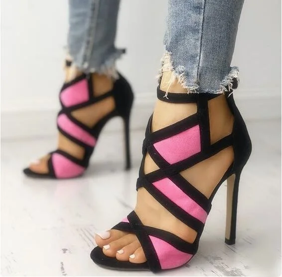 

Contrast Color Caged Bandage Heeled Sandals Mixed Patchwork Peep Toe Cut-out Ladies Dress Shoes Thin Heels Women Pumps Size 10