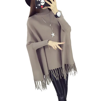 

High Collar Tassels Solid Color Pullover Sweater Women Autumn Winter Loose Cloak Large Size Sweaters Bat Sleeve Sweater YP0721