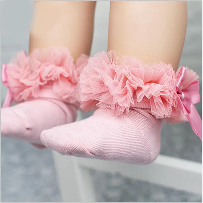 Лидер продаж; носки принцессы с бантом для новорожденных девочек; кружевные Гольфы с оборками; 6 цветов - Цвет: Pink 0 to 2t
