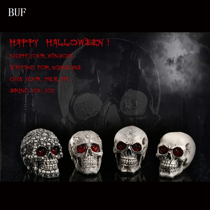 

BUF Resin Craft Party Decoration Skull Creative Halloween Decoration Horror Skull With Glowing Eyes