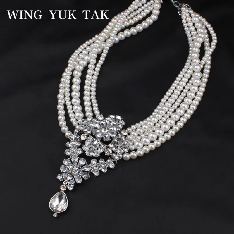 

Luxury Multi Layers Simulated Pearl Maxi Necklace Pendant For Women Fashion Bohemia Crystal Flower Sweater Choker Necklace