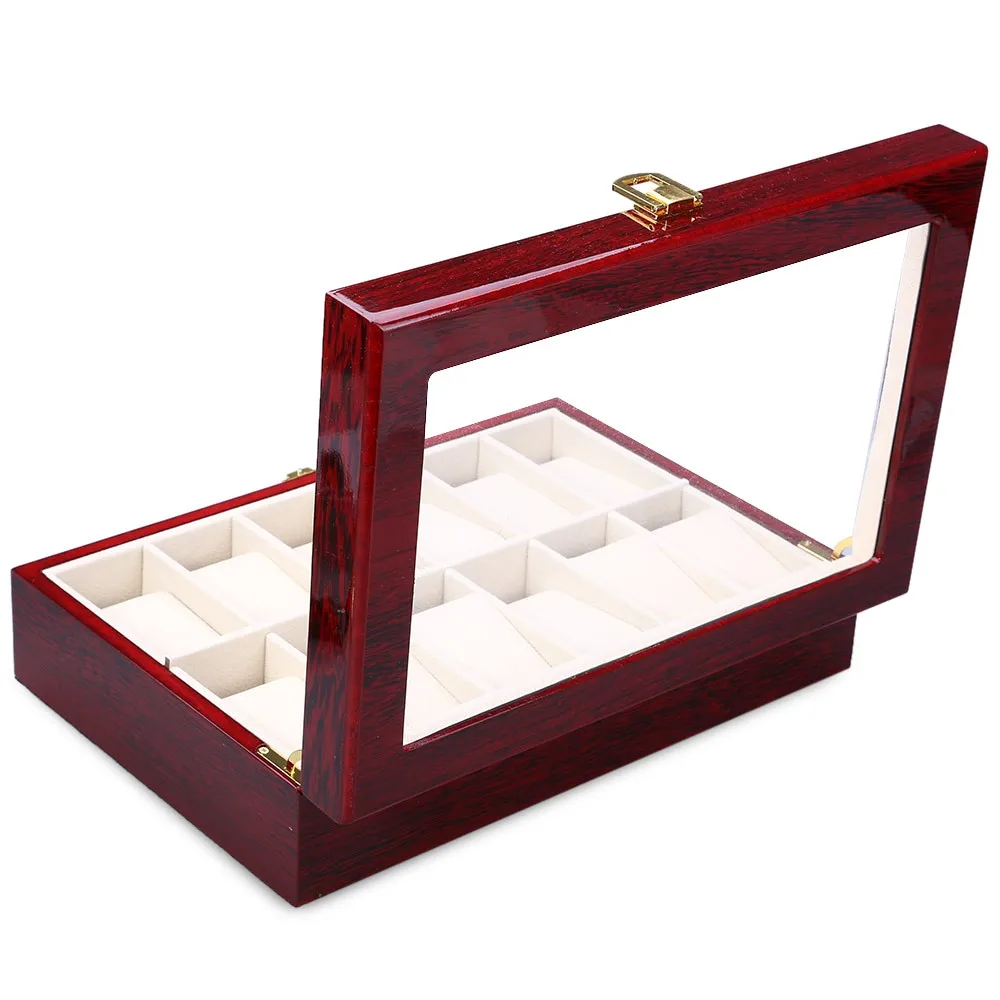 High Quality 12 Slots Elegant Wood Watch Display Case Watches Box Glass Top Jewelry Storage Organizer caixa para relogio 2