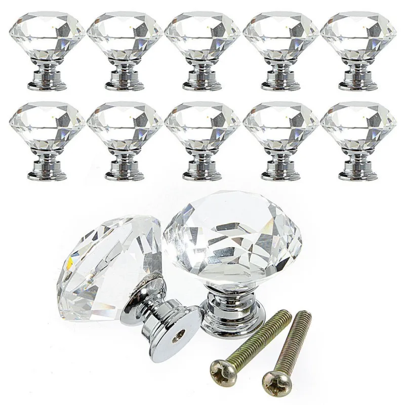 10 Pcs 30mm Diamond Shape Crystal Glass Drawer Knobs and Pull