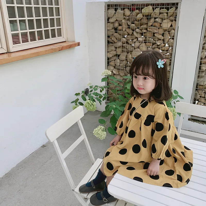 Осеннее платье в горошек в Корейском стиле для маленьких девочек милые детские платья из тканого хлопка детские костюмы