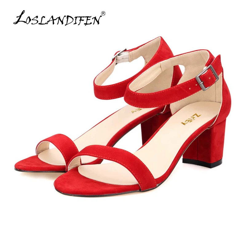 

LOSLANDIFEN Ankle Strap Suede 5cm High Heels Woman Open Toe Sandals Sexy Low-heeled Shoes Ladies Cause Party Pumps 691-1VE