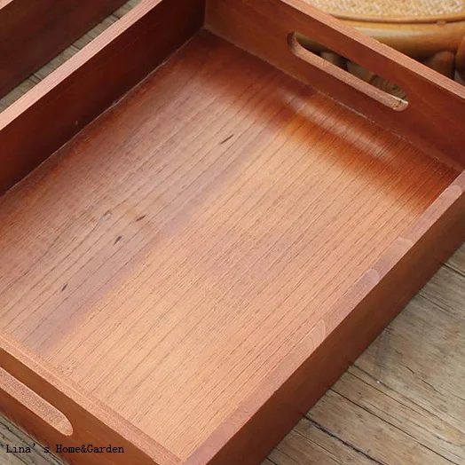 vintage solid rectangle cheap wood tray with cutout handles