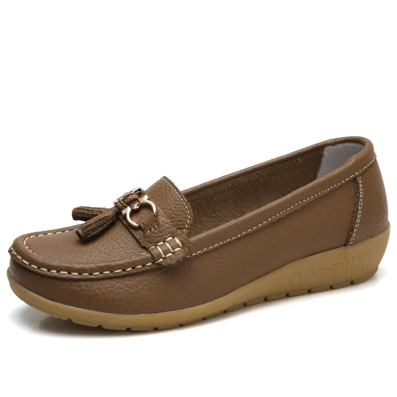 Удобная женская летняя обувь на плоской подошве; коллекция года; обувь для мам на плоской подошве; женская обувь из мягкой натуральной кожи; Лоферы размера плюс - Цвет: Khaki