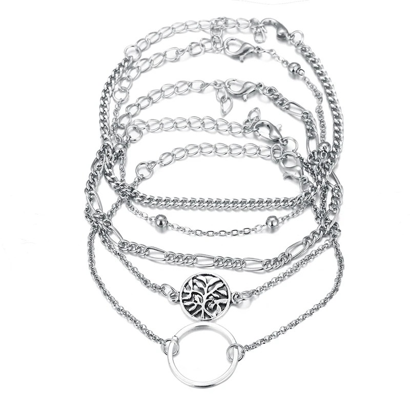 

Hollow round pearl chain bracelet five-piece metal bracelet chain adjustable fashion girl bracelet layer ankle bracelet setVB962