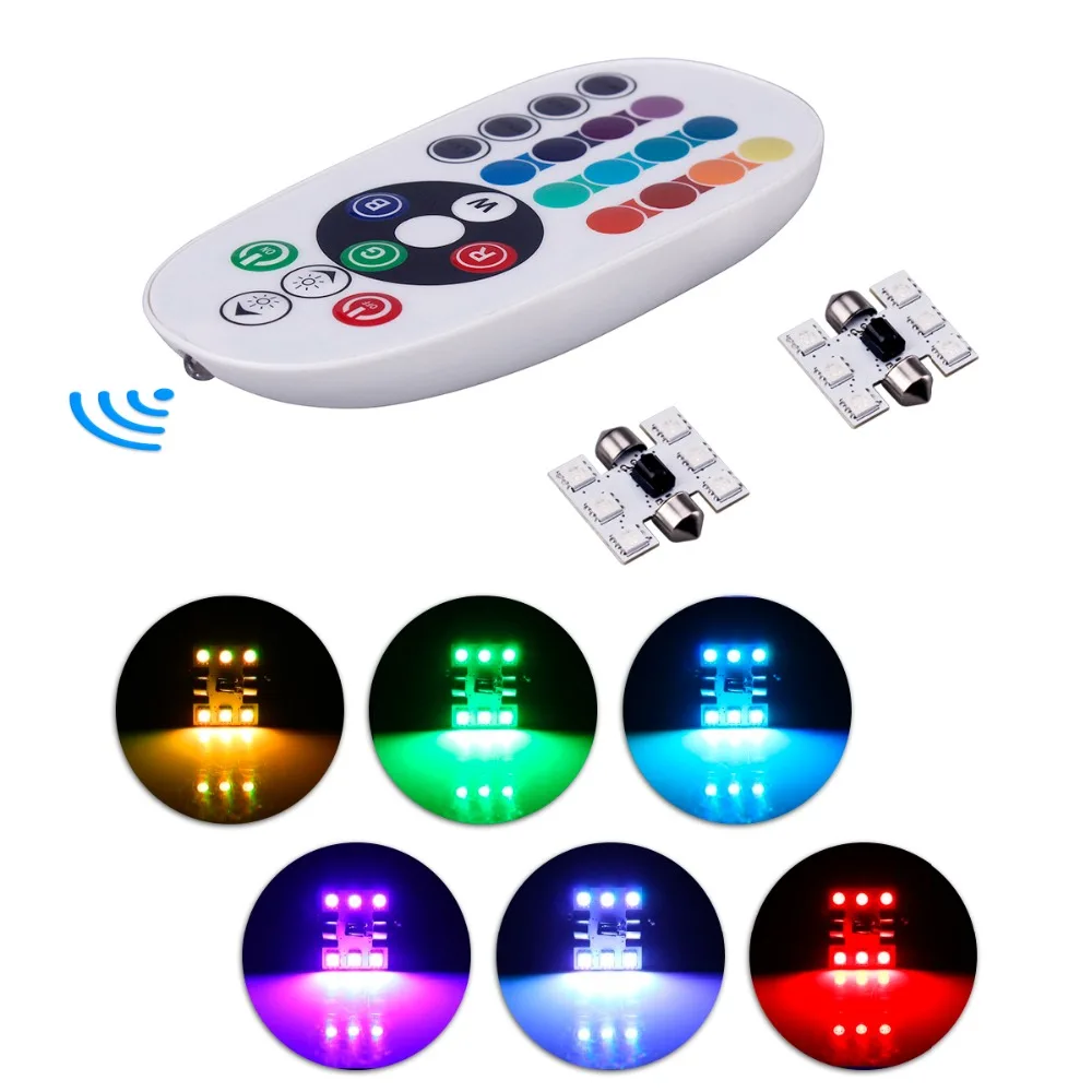 

2pcs Car 6SMD LED 31mm 36mm 39mm 41mm Light with Remote Control Auto RGB Interior Dome Reading Lamp Decal Universal