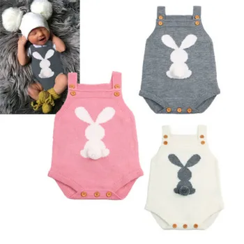 

lovely Bunny Knit Romper Newborn Baby Boy Girl strappy Bodysuit sweet rabbit Jumpsuit summer Outfit 3 colors 0-18M