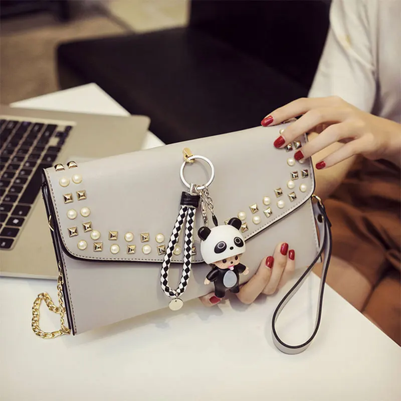 

Evening Party Clutch Bags Luxury Handbags Pearl Rivets Chain Designer Fashion Panda Doll Pendant Crossbody Bags For Women 2018