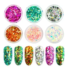 6 коробок/набор лазерные смешанные Блестки для ногтей порошок блестки Сверкающие Красочные хлопья для ногтей 3d Шарм Пыль для украшения ногтей SF3077
