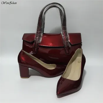 

High Heel Ladies Shoes With Matching Women HandBag Pumps Sets Wine Patent Leather Hottest different heels WENZHAN 36-43 A96-20
