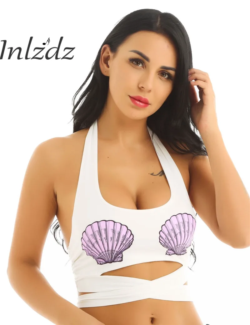 

Women Sleeveless White Exotic Tanks bra Deep U Halter Neck Vest Tank 3D Printed Purple Shells Sexy Lingerie Crop Tops for Womens