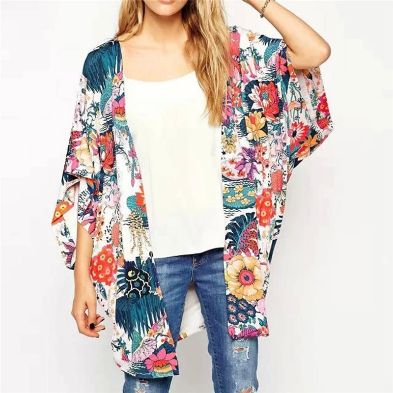 

Women Bikini Cover-Up Floral Loose Shawl Plus Shize Chiffon Top Blouse Beachwear Swimwear Swimsuit Bathing Suit Summer