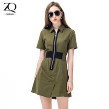 ZiQing 2017 Spring Women Clothing Female Dress Casual Zipper Front Turn-down Neck Army Green Short Sleeve Fashion A-Line Dress