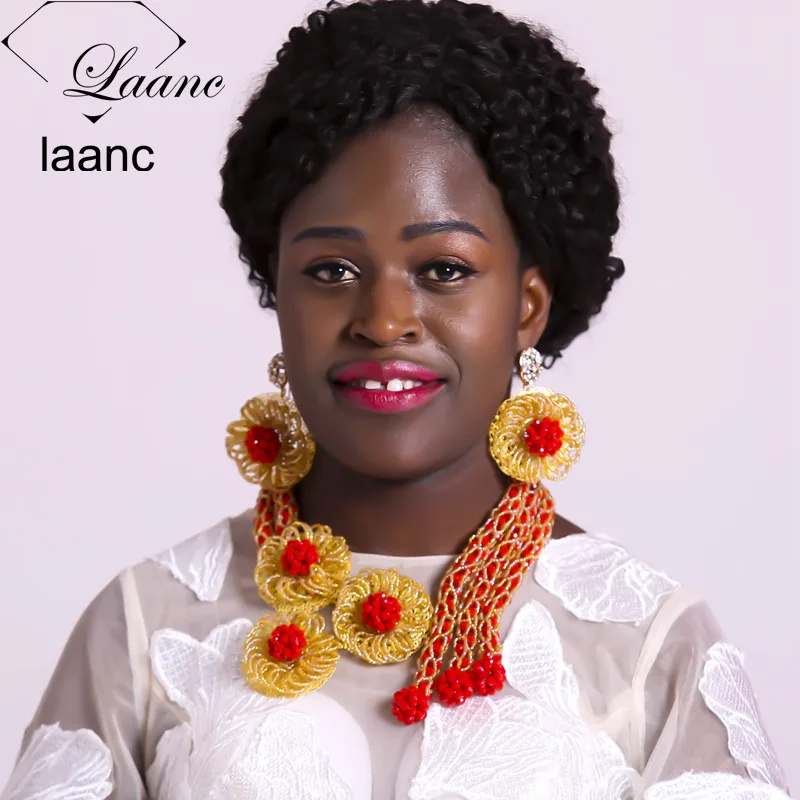 

Laanc Opaque Red Gold AB Indian Bridal Jewelry Sets Nigerian Beads African Wedding Accssories Costume Necklace for Women AL411