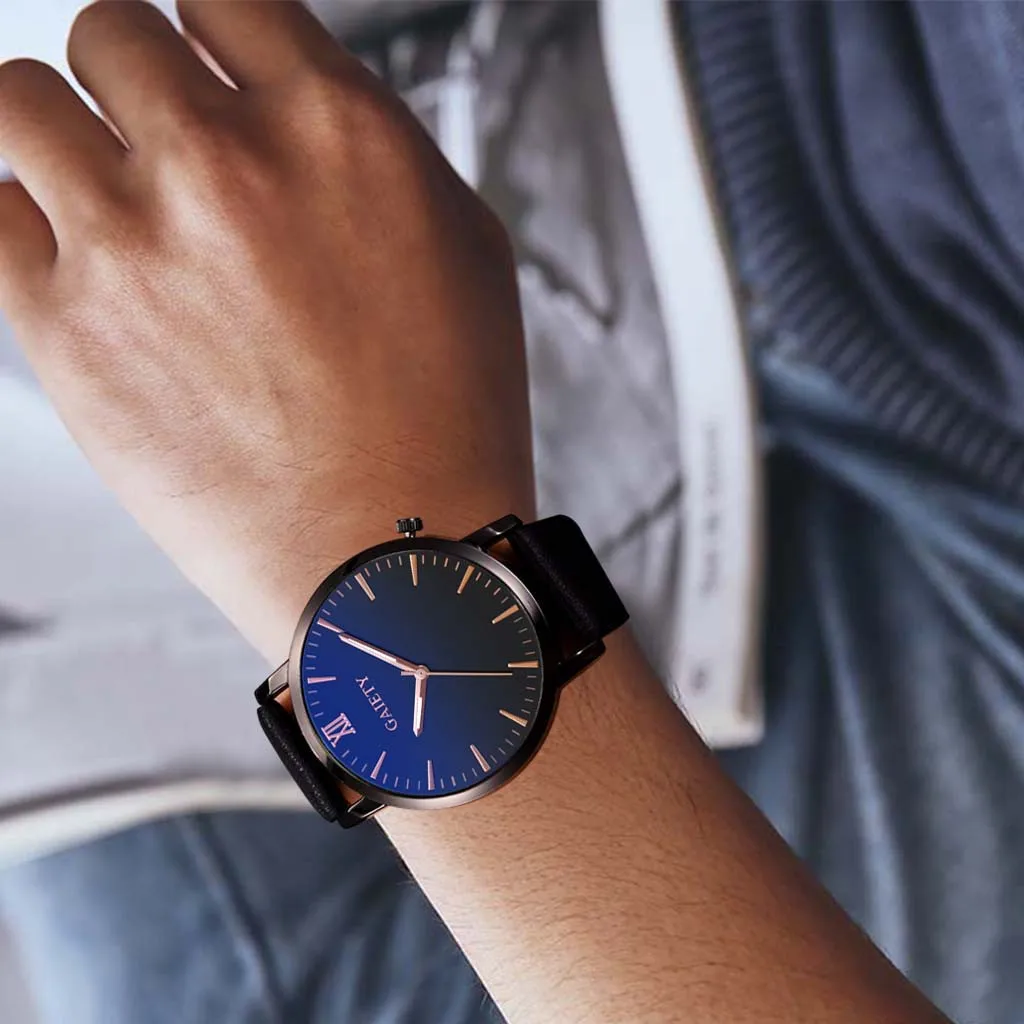 

Fashion Simple Mens Watches Blue Glass Wristwatch Gents Business Brown Leather Quartz Watch Men relogio masculino A2