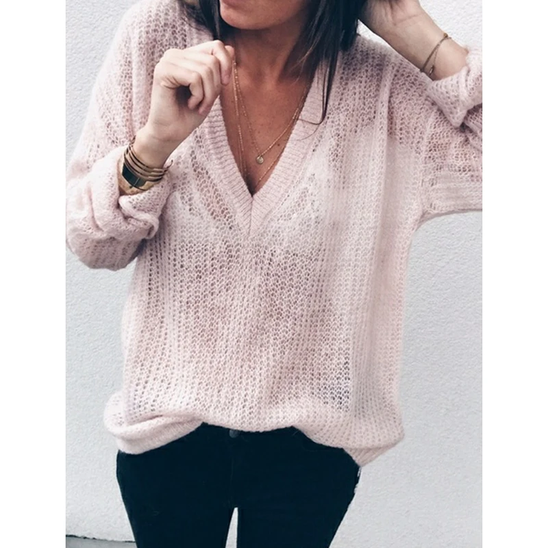 

Autumn Deep V-neck Knitted Sweaters Women Casual Oversized Loose Tops Solid Pullovers Plus Size