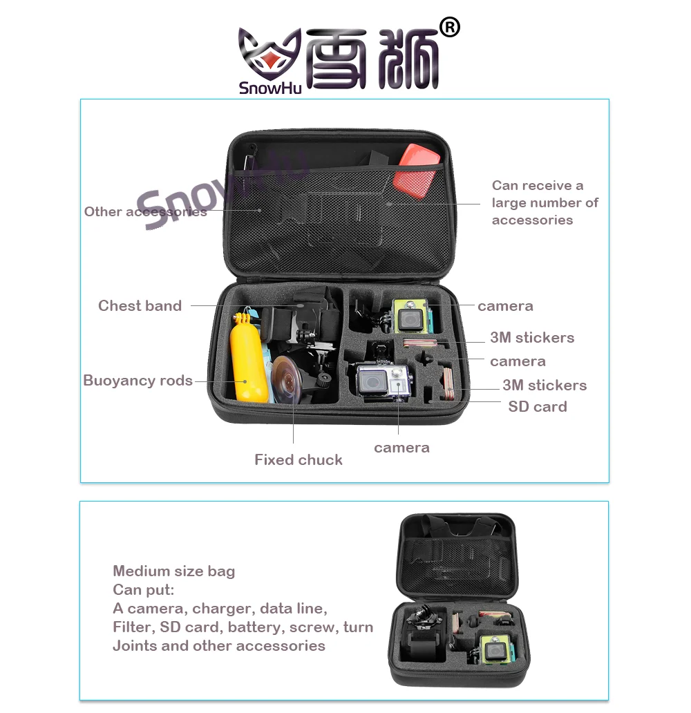 SnowHu аксессуары портативная камера для хранения большая сумка чехол для Xiaomi Yi экшн-камера для Go Pro Hero 8 7 6 5 4 3 SJ4000