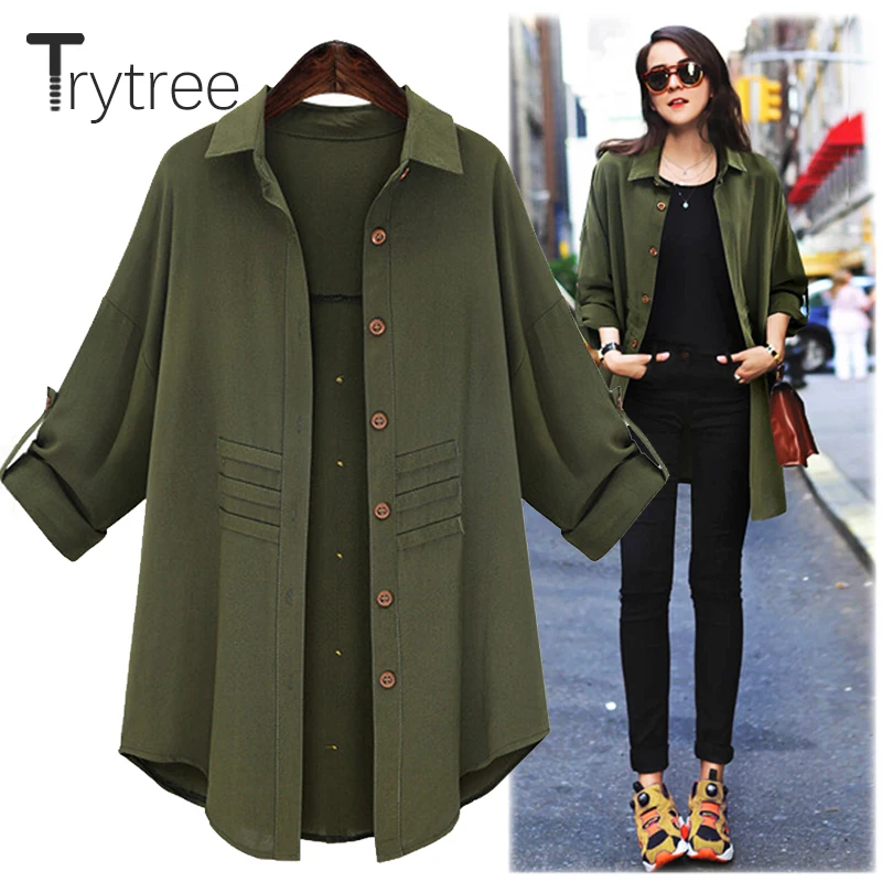 Trytree Summer Autumn Women Long Blouse Casual Polyester shirt Turn-down Collar Army Black Tops clo