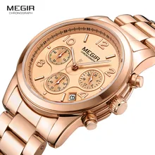 Megir Woman's Chronograph Quartz Watch with Gold Stainless Steel Bracelete 24 Hours Calendar Display Wristwatch for Ladies 2057 megir man s analogue chronograph quartz watch with stainless steel bracelete luminous wristwatch for boys calendar 24 hour 2064g