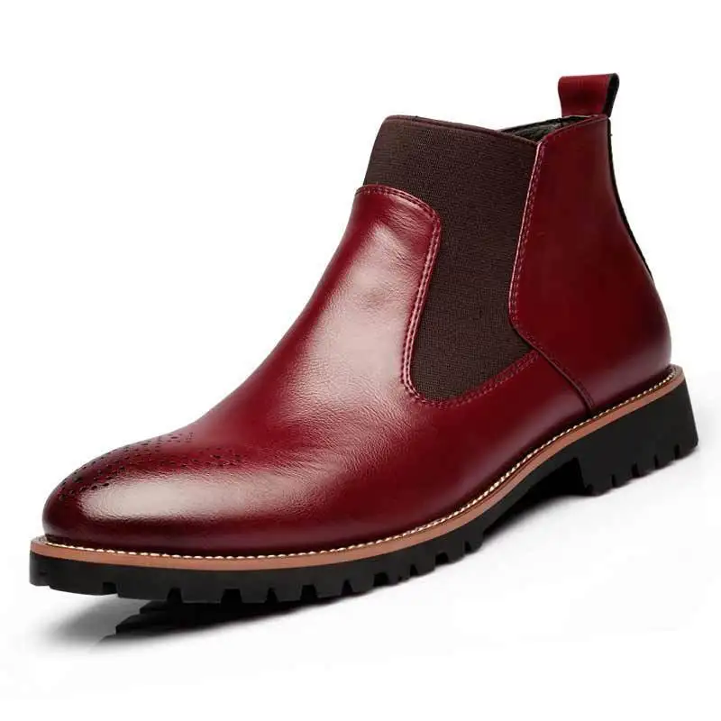 Осень-зима ; мужские ботинки «Челси»; цвет черный, красный, желтый; кожаные ботинки с перфорацией типа «броги» из микрофибры; мужская повседневная обувь Bullock; большие размеры 38-46 - Цвет: Red