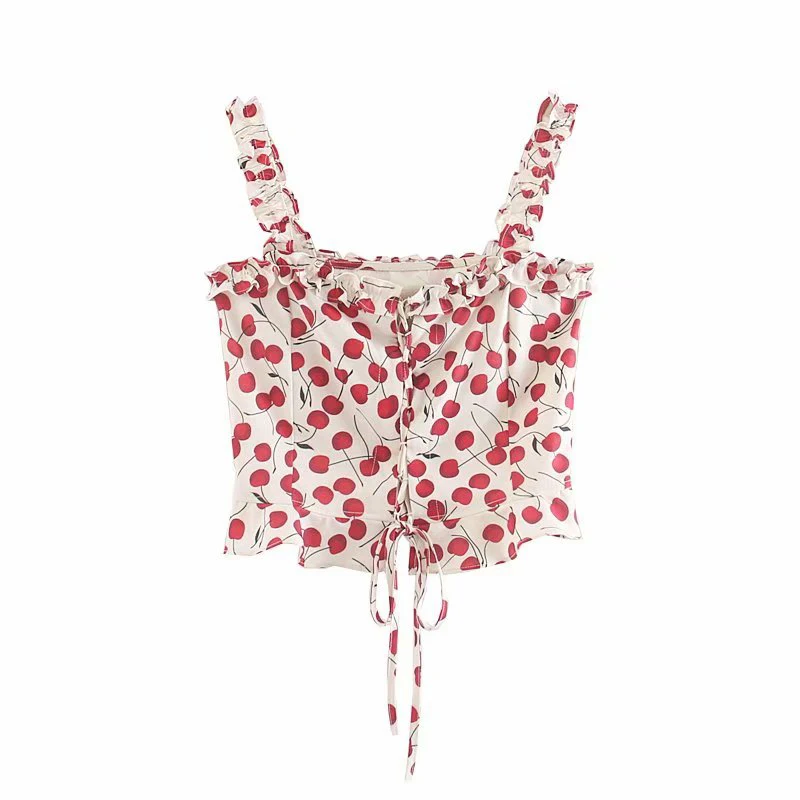 

Women Sweet Cherry Print Crop Top Square Collar Sleeveless Drawstring Tie Female Stylish Blouse Short Summer Blouse FFZSY354