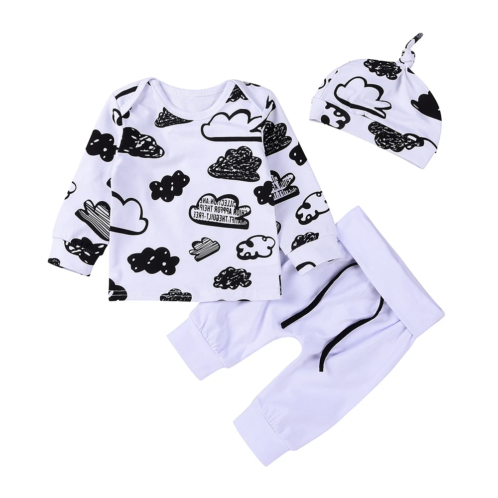 Одежда для маленьких мальчиков г., Осенние комплекты одежды для маленьких девочек комплект из 3 предметов для новорожденных, хлопковая футболка с длинными рукавами и принтом+ штаны+ шапочка