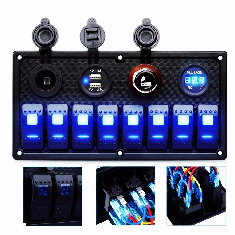 

8 Gang Circuit LED 5 Pin Boat Rocker Switch Panel+Dual USB Charger+Power Socket Breaker Voltmeter for RV Car Marine Boat(Blue)