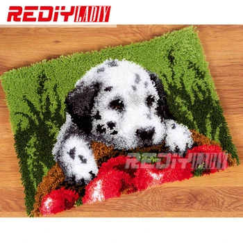 

Hot Latch Hook Rug Kits DIY Needlework Unfinished Crocheting Rug Yarn Cushion Mat Dog and Apple Embroidery Carpet Rug Home Decor