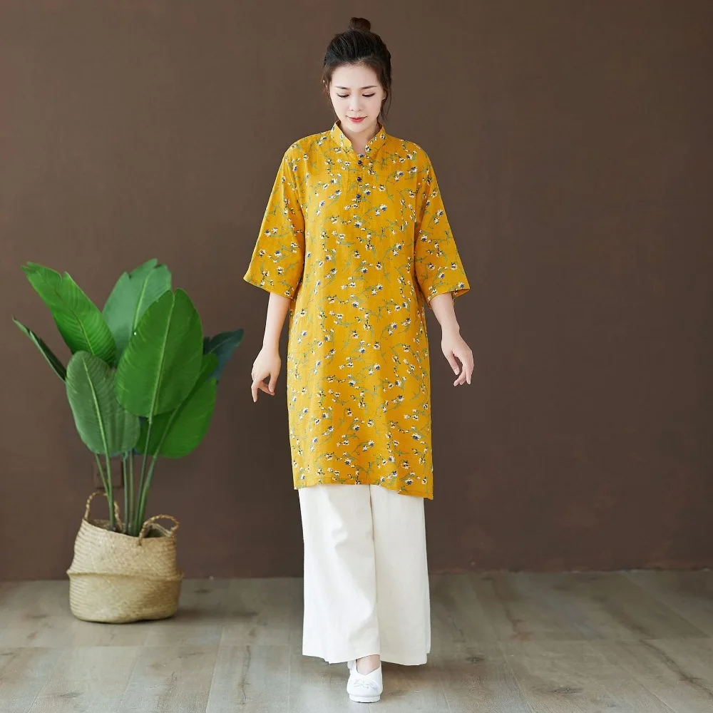 LZJN 2019 Autumn Blouse Long Sleeve O-Neck Chinese Style Shirt Ethnic Ladies Cotton Tunic Tops Floral Blouses for Women 2 Colors (2)