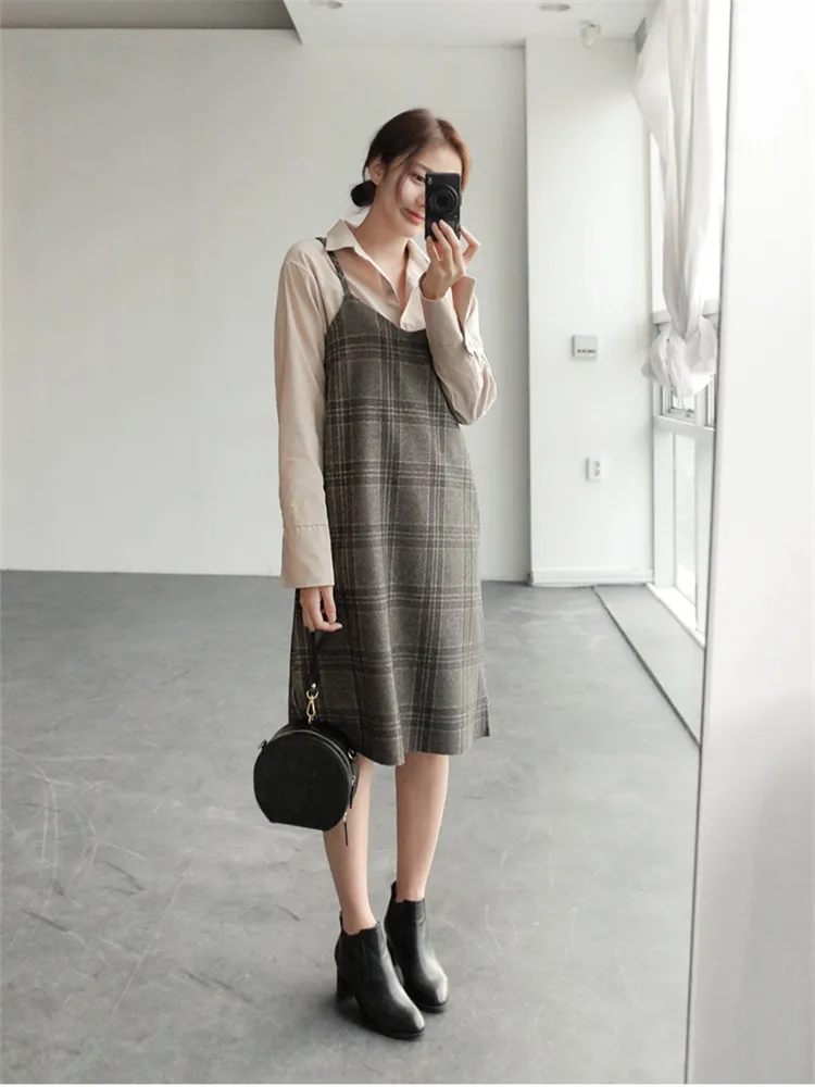 Goede S XL Lente robe femme Casual Boho OL Casual Mouwloze Plaid Vrouwen Jurken Vrouwelijke Jurk v hals grid bretels Gewaad femme Vestido